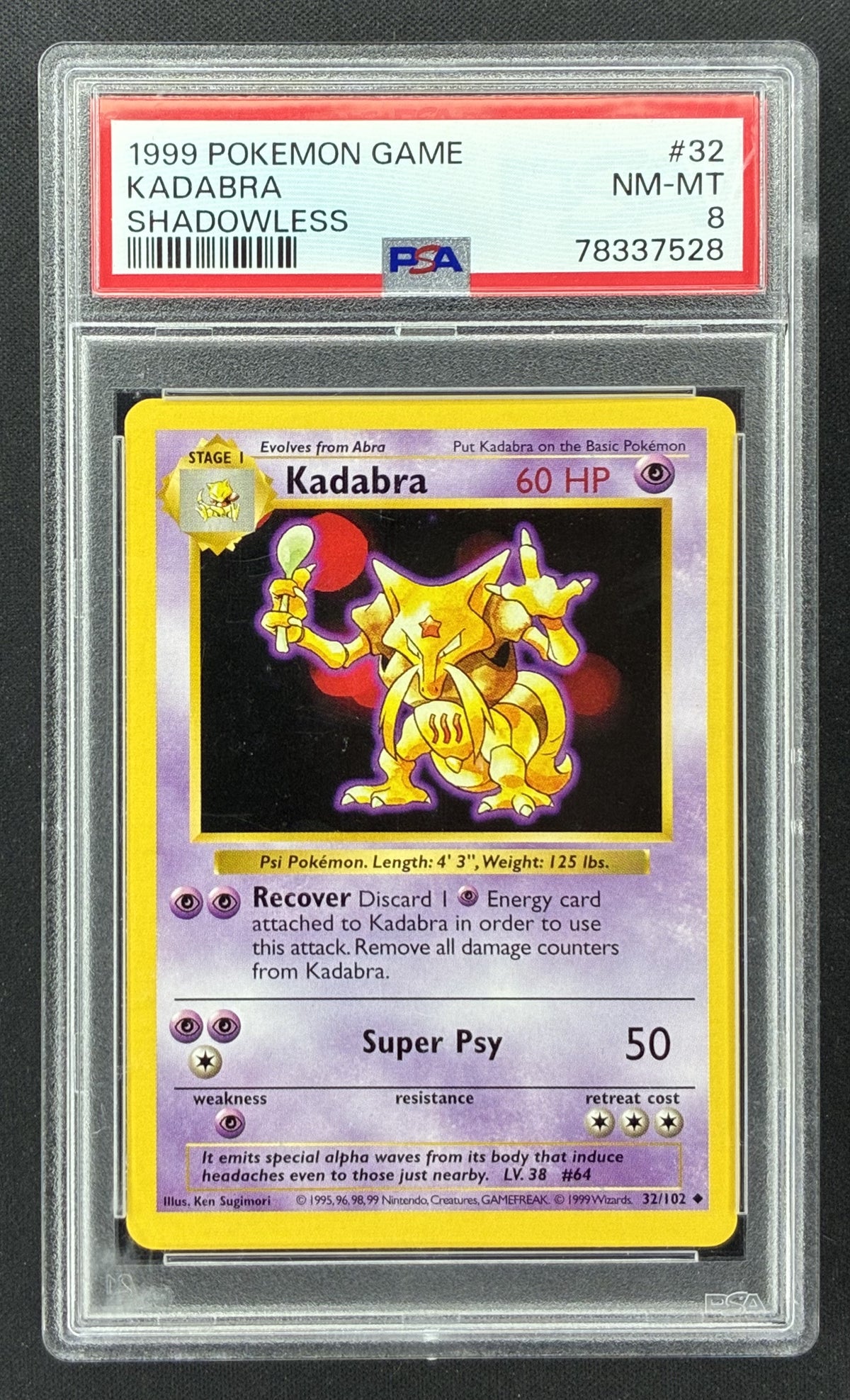 1999 Pokémon Base Set Kadabra #32/102 Shadowless PSA 8 NM-MT English trading card.