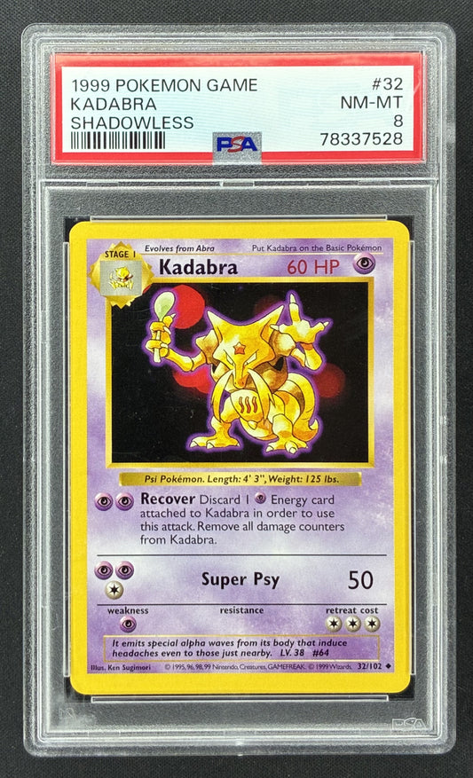 1999 Pokémon Base Set Kadabra #32/102 Shadowless PSA 8 NM-MT English trading card.