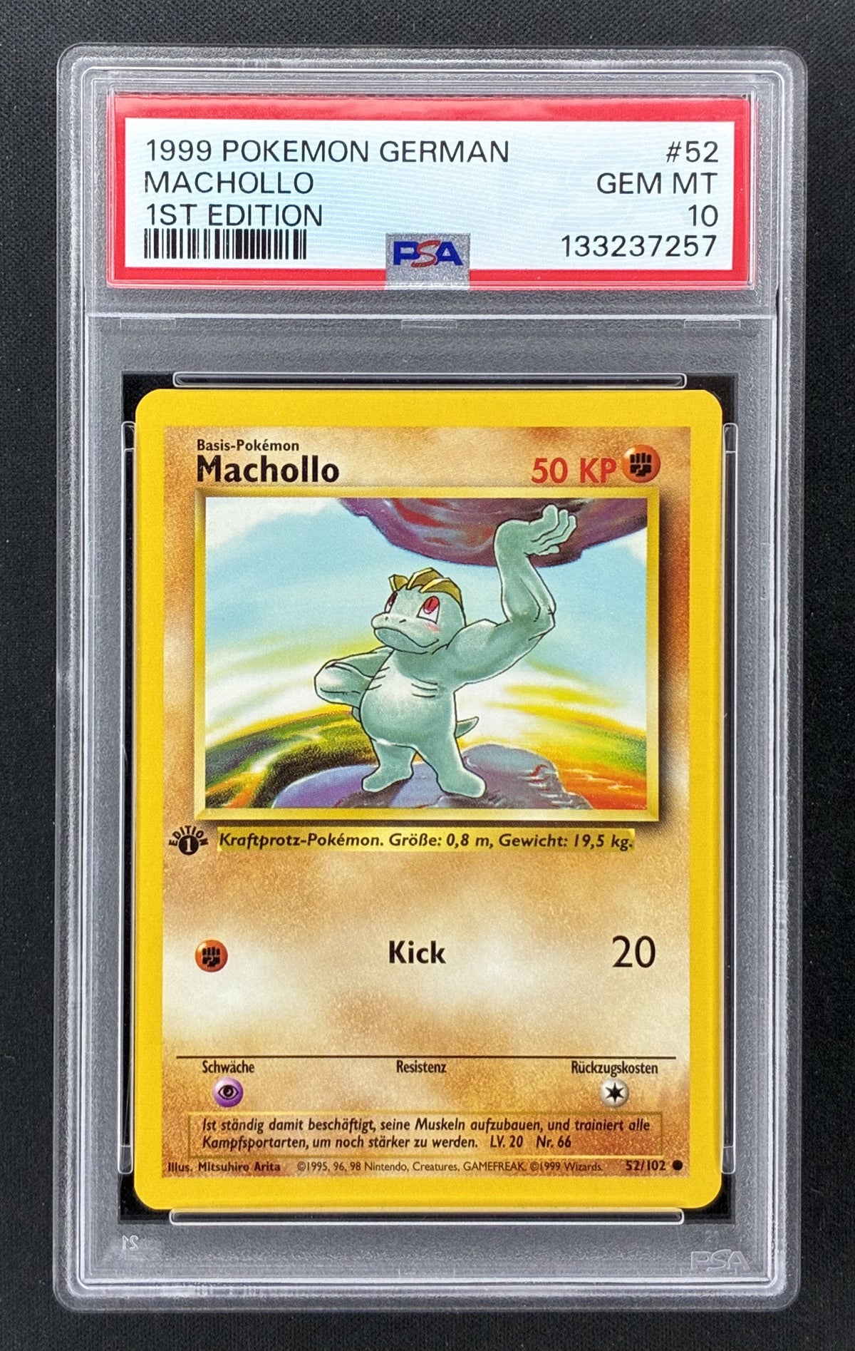 1999 Pokémon German Base Set Machollo Machop #52/102 1st Edition PSA 10 Gem Mint graded card.