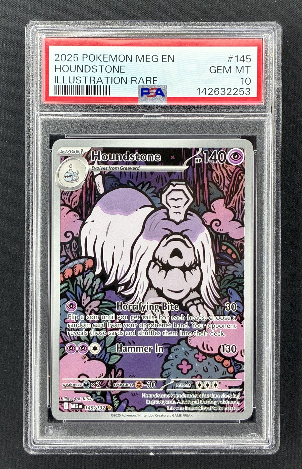 2025 Pokémon Mega Evolution Houndstone #145/132 Illustration Rare PSA 10 Gem Mint English trading card.