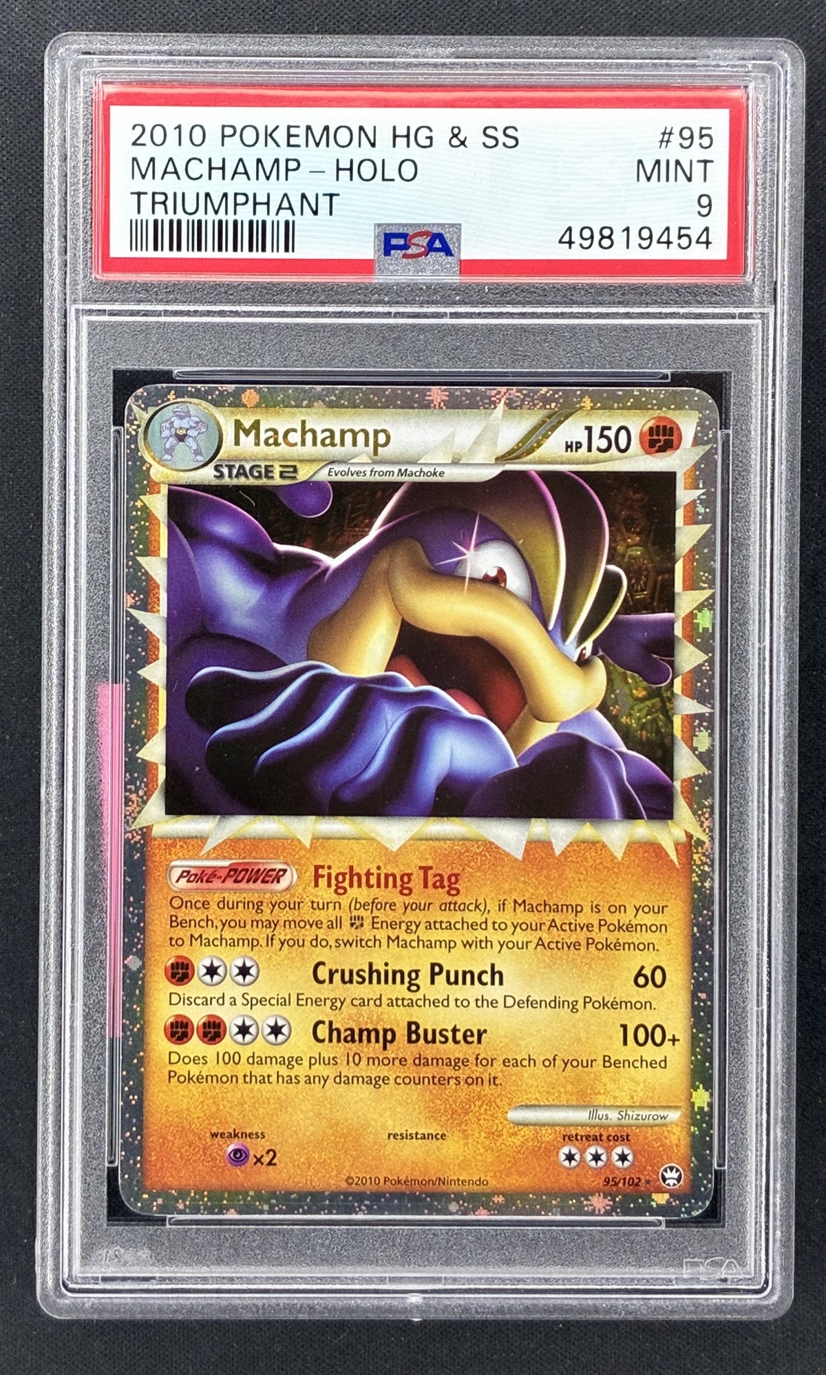 2010 Pokémon HS Triumphant Machamp Prime #95/102 Holo PSA 9 Mint English trading card.