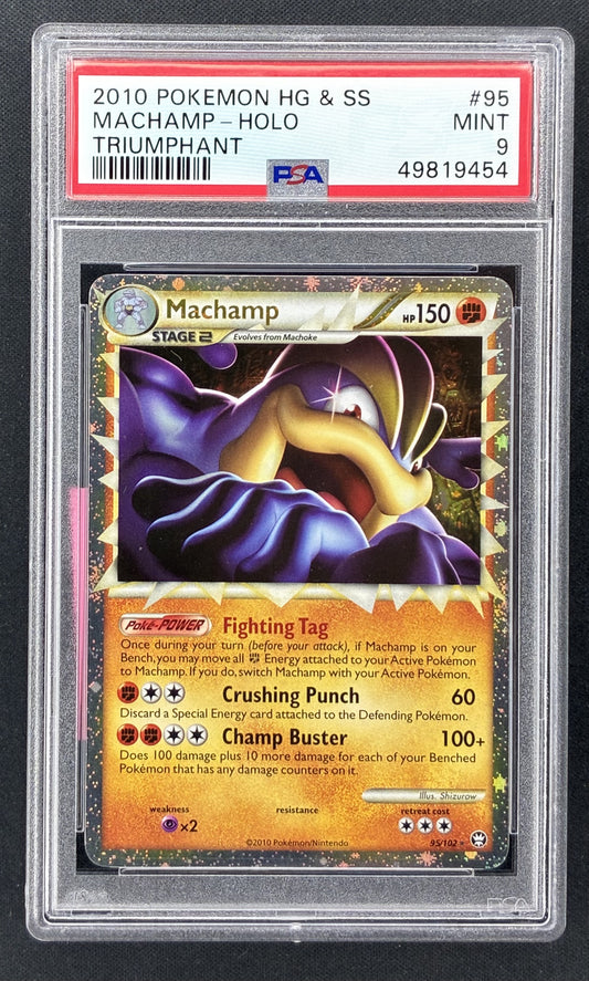 2010 Pokémon HS Triumphant Machamp Prime #95/102 Holo PSA 9 Mint English trading card.