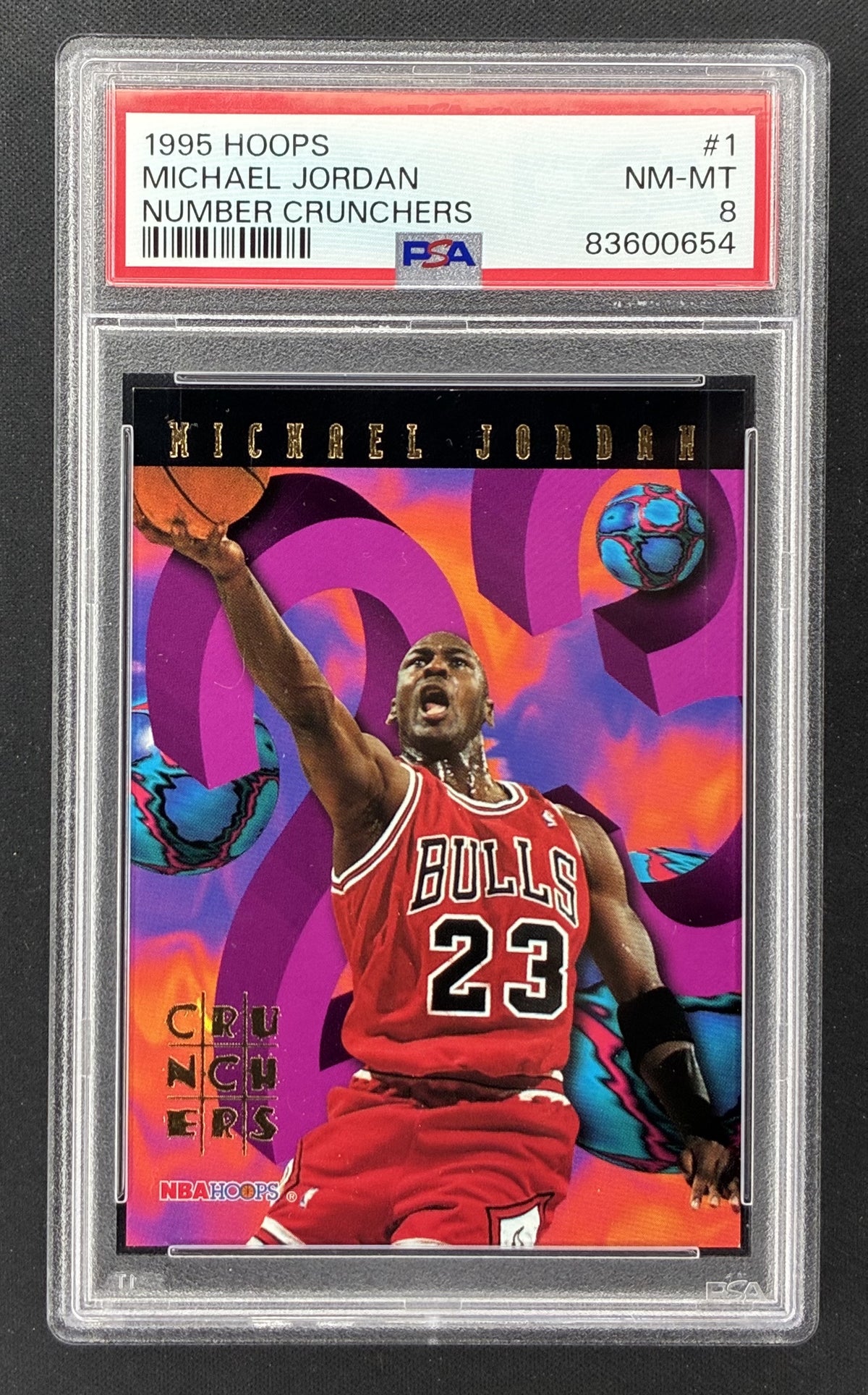 1995-96 NBA Hoops Number Crunchers Michael Jordan #1 PSA 8 NM-MT Chicago Bulls basketball card.