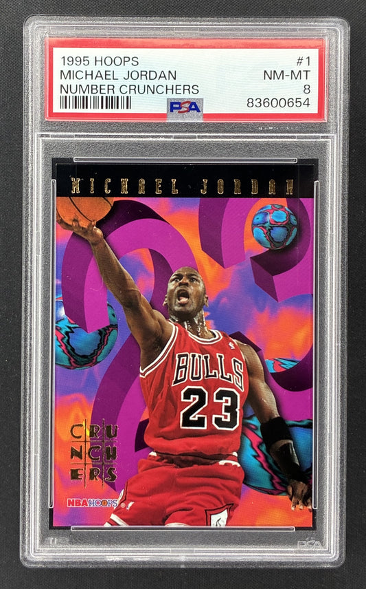 1995-96 NBA Hoops Number Crunchers Michael Jordan #1 PSA 8 NM-MT Chicago Bulls basketball card.