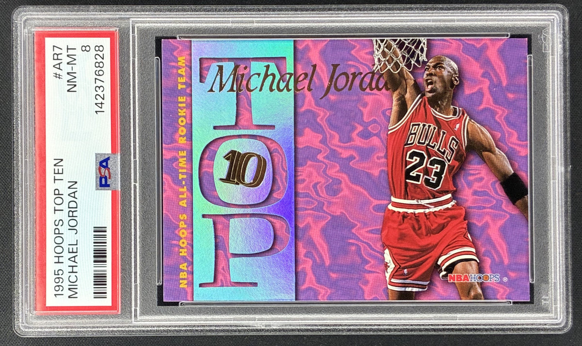 1995-96 NBA Hoops Top 10 Michael Jordan #AR7 PSA 8 NM-MT Chicago Bulls holographic basketball card.