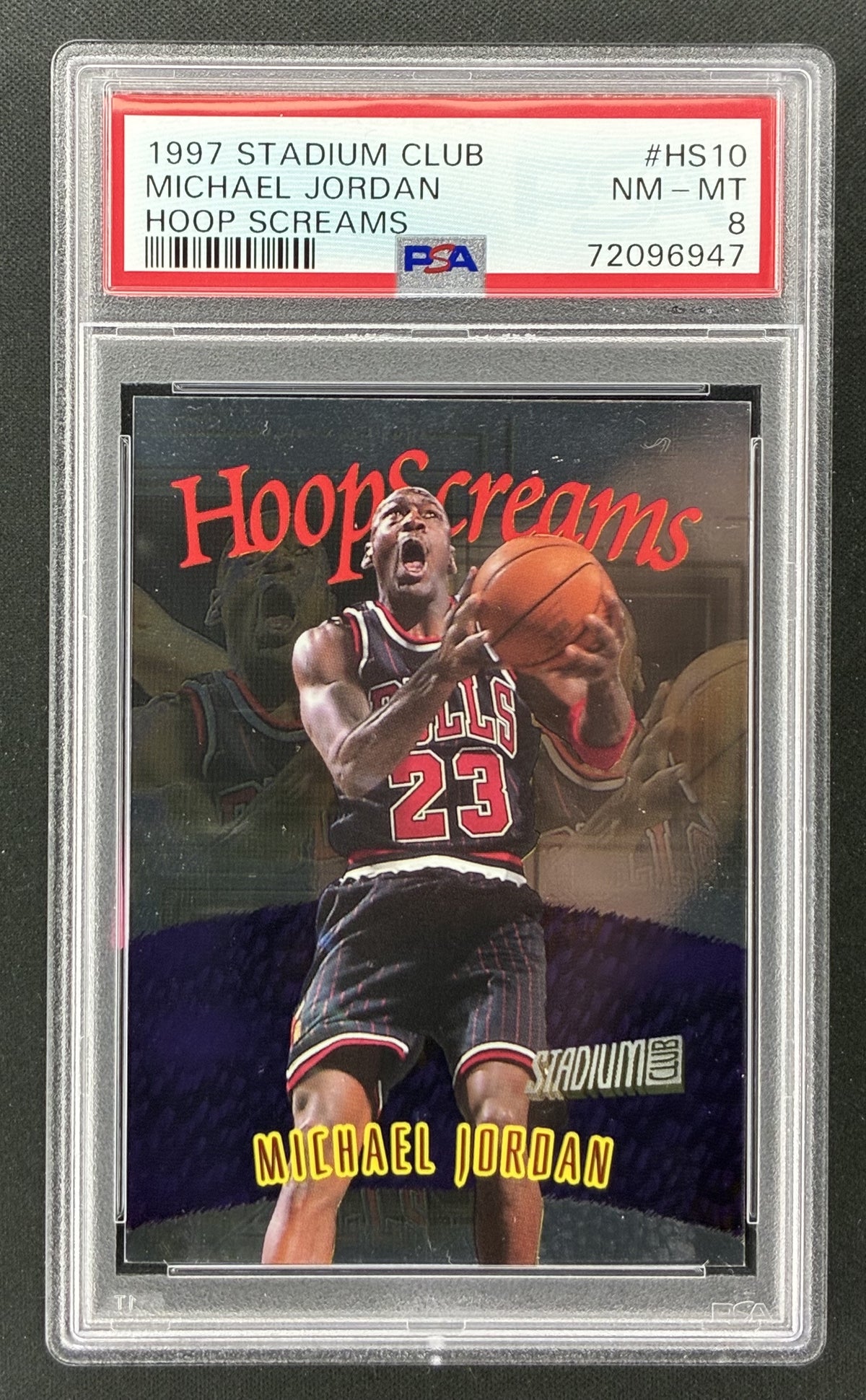 1997-98 Topps Stadium Club Hoop Screams Michael Jordan #HS10 PSA 8 NM-MT Chicago Bulls basketball card.