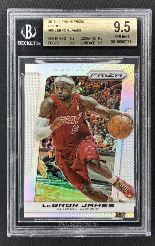 2013-14 Panini Prizm LeBron James #65 Silver Prizm BGS 9.5 Gem Mint Miami Heat basketball card.