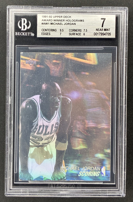1991-92 Upper Deck Award Winner Holograms Michael Jordan #AW1 BGS 7 NM Chicago Bulls basketball card.