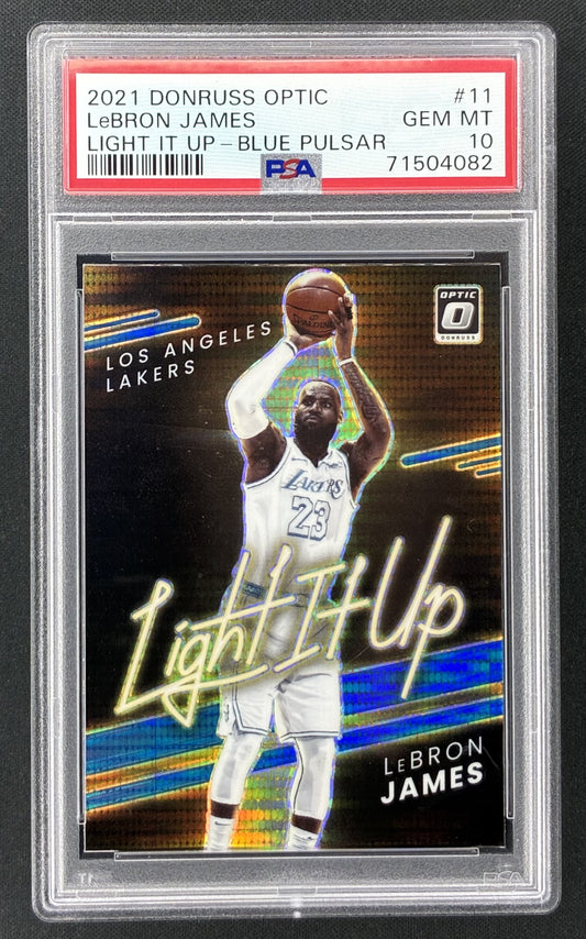 2021-22 Donruss Optic LeBron James Light It Up #11 Blue Pulsar Prizm PSA 10 Gem Mint Lakers card.