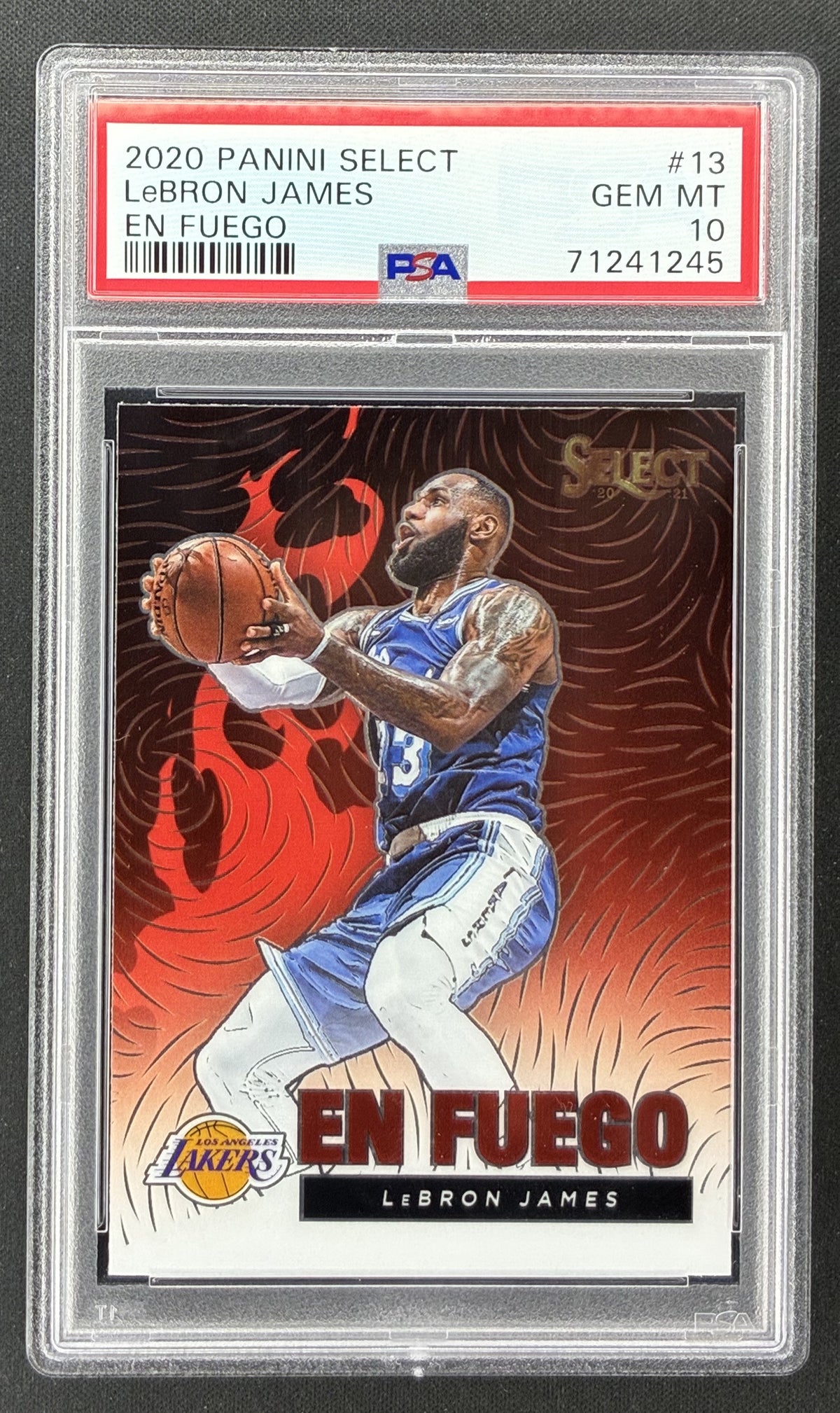 2020-21 Panini Select LeBron James En Fuego #13 PSA 10 Gem Mint Los Angeles Lakers basketball card.