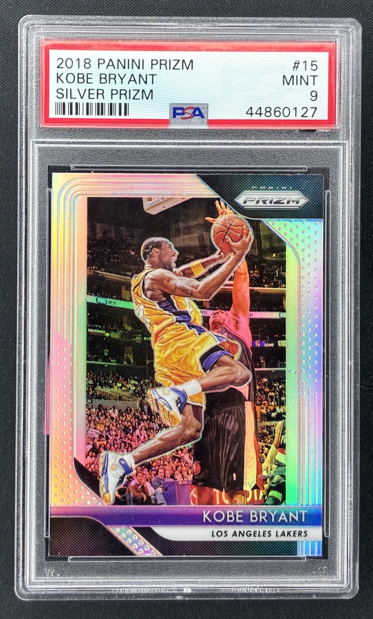2018-19 Panini Prizm Kobe Bryant #15 Silver Prizm PSA 9 Mint Los Angeles Lakers basketball card.