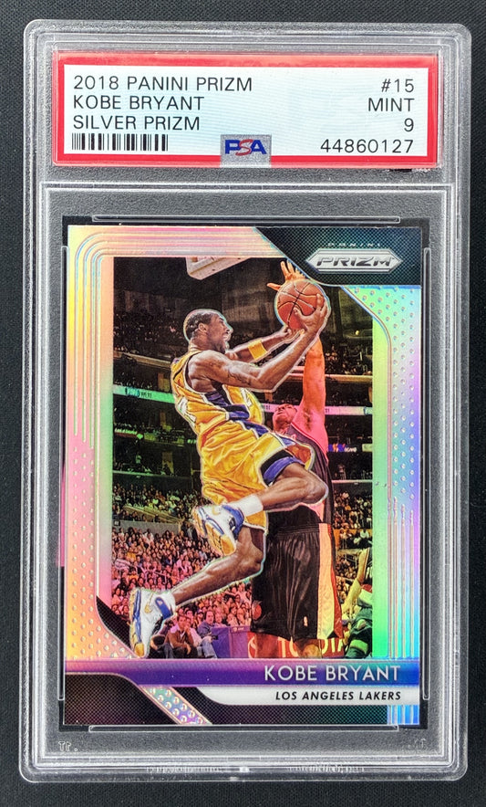 2018-19 Panini Prizm Kobe Bryant #15 Silver Prizm PSA 9 Mint Los Angeles Lakers basketball card.