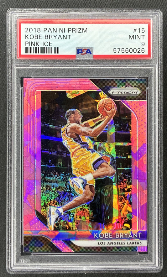 2018-19 Panini Prizm Kobe Bryant #15 Pink Ice Prizm PSA 9 Mint Los Angeles Lakers basketball card.