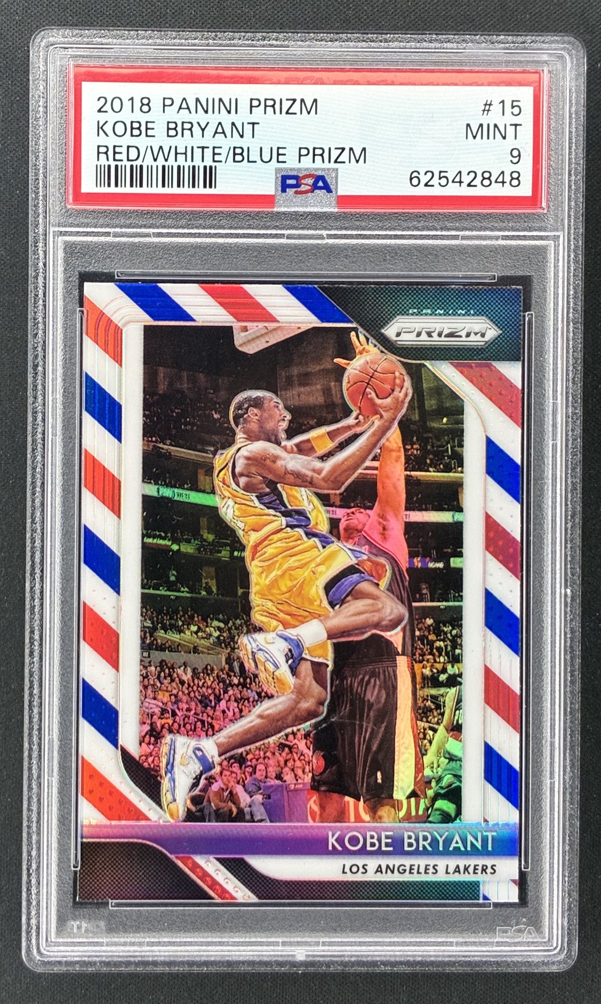 2018-19 Panini Prizm Kobe Bryant #15 Red White and Blue Prizm PSA 9 Mint Los Angeles Lakers basketball card.