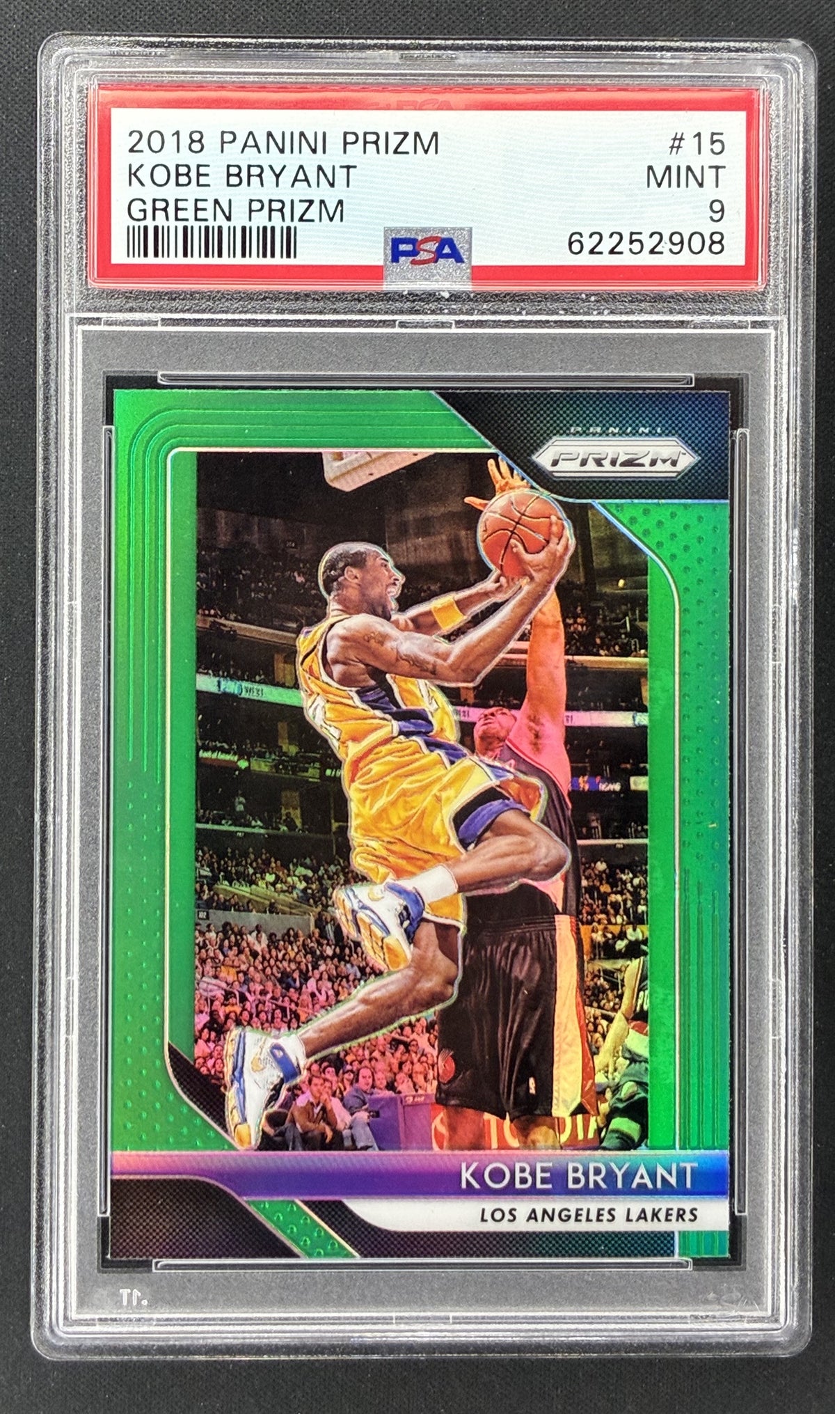 2018-19 Panini Prizm Kobe Bryant #15 Green Prizm PSA 9 Mint Los Angeles Lakers basketball card.