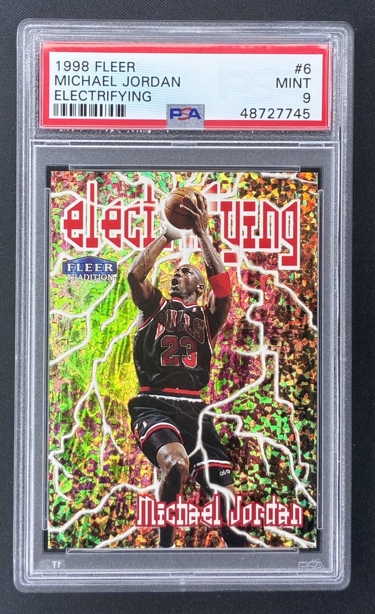 1998-99 Fleer Tradition Electrifying Michael Jordan #6 PSA 9 Mint Chicago Bulls basketball card.
