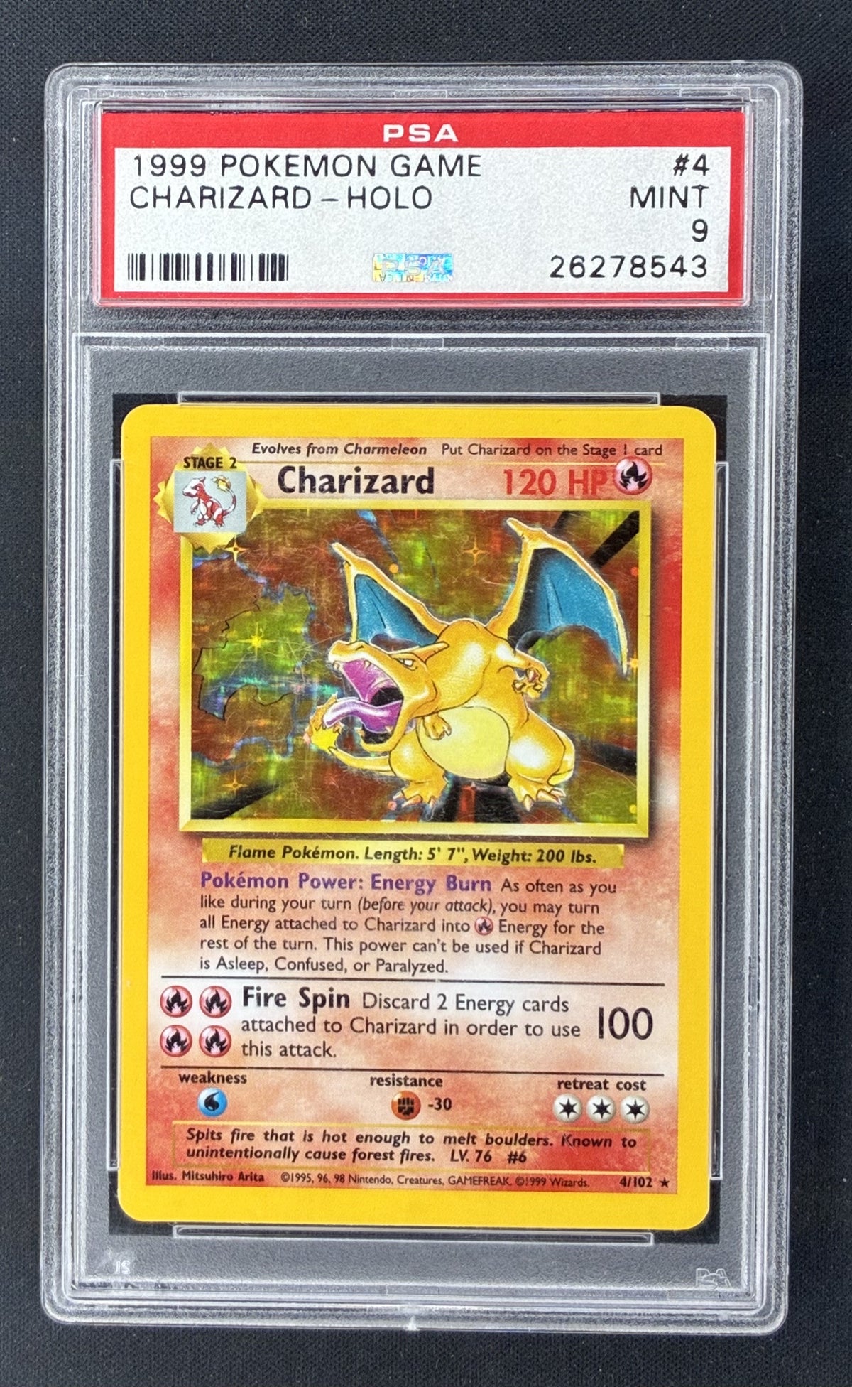 1999 Pokémon Base Set Charizard 4/102 Unlimited Rare Holo PSA 9 Mint graded card.