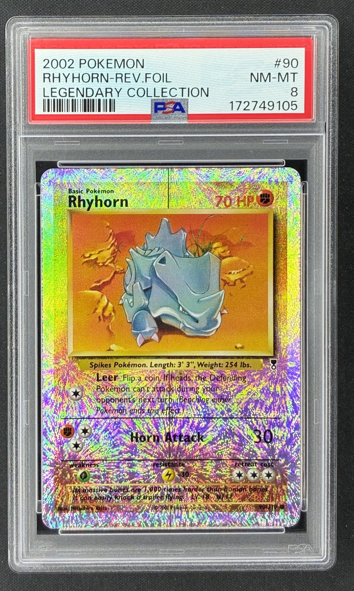 2002 Pokémon Legendary Collection Rhydon 35/110 Fireworks Reverse Holo PSA 8 NM-MT graded card.