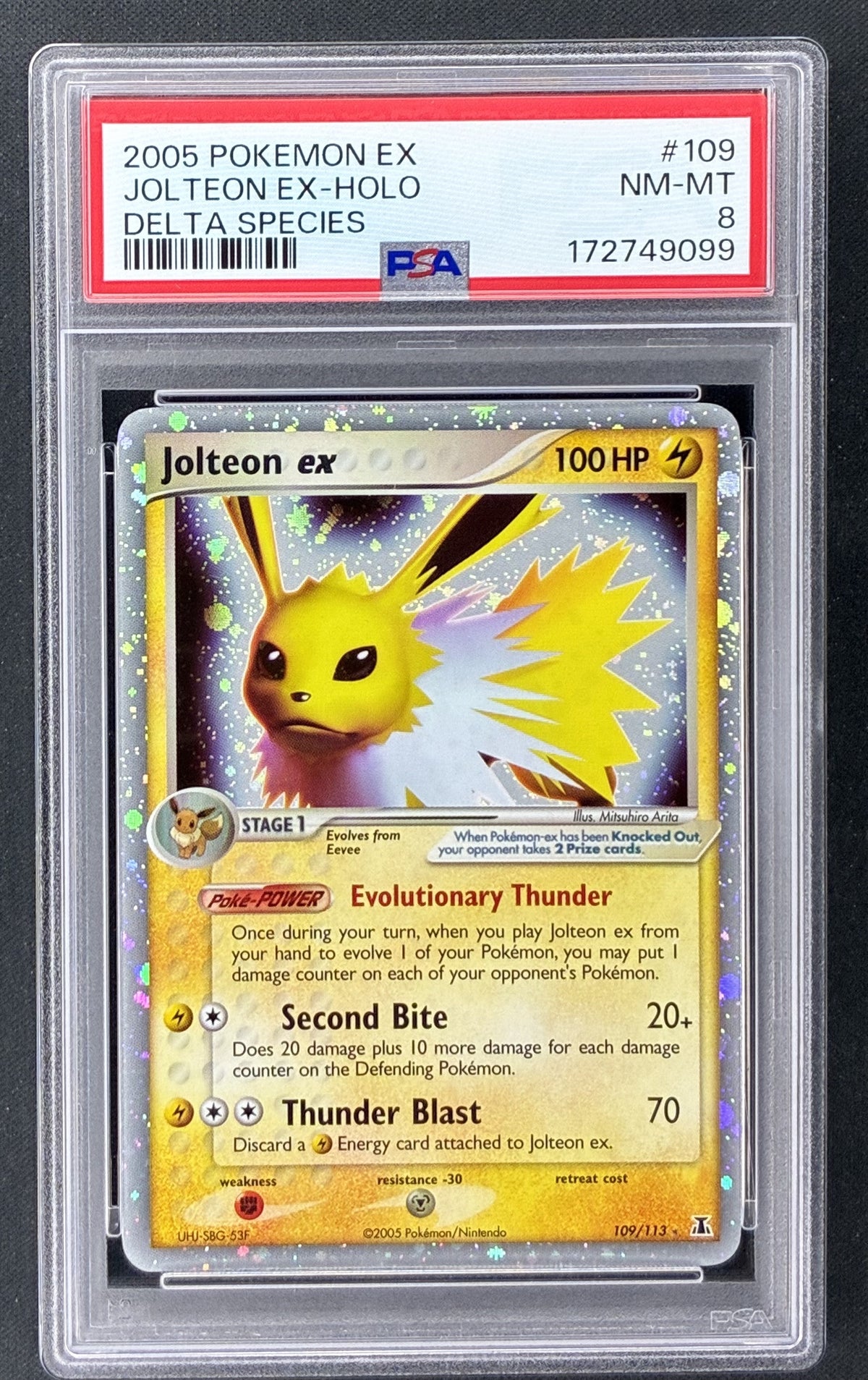 2005 Pokémon EX Delta Species Jolteon ex 109/113 Holo PSA 8 NM-MT graded card.