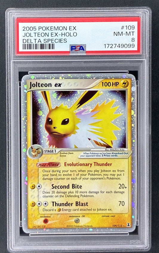 2005 Pokémon EX Delta Species Jolteon ex 109/113 Holo PSA 8 NM-MT graded card.