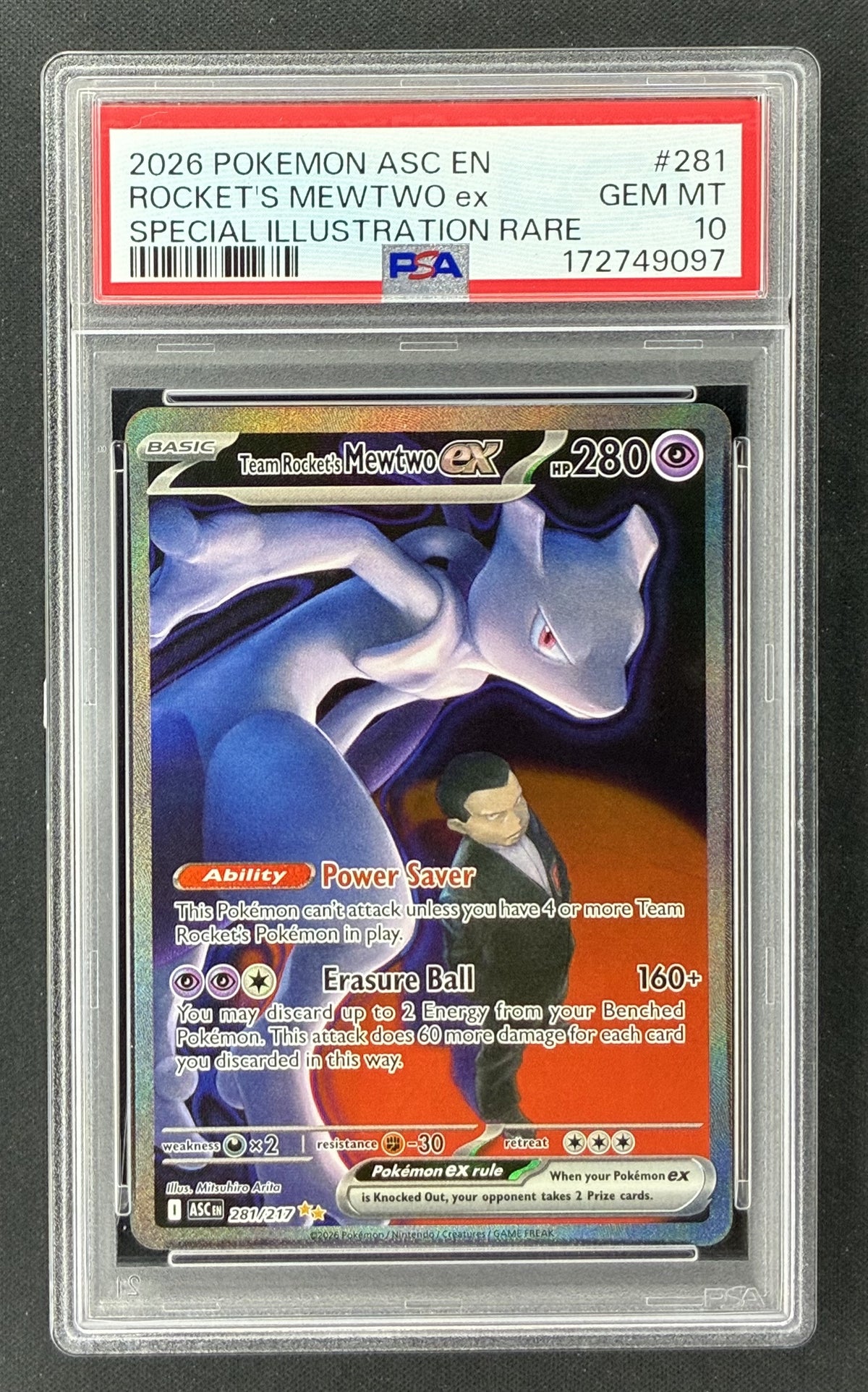 2026 Pokémon Ascended Heroes Team Rocket’s Mewtwo ex 281/217 Special Illustration Rare PSA 10 Gem Mint.