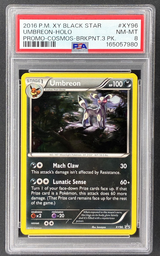 2016 Pokémon Umbreon XY96 XY Black Star Promo Holo PSA 8 NM-MT graded card.