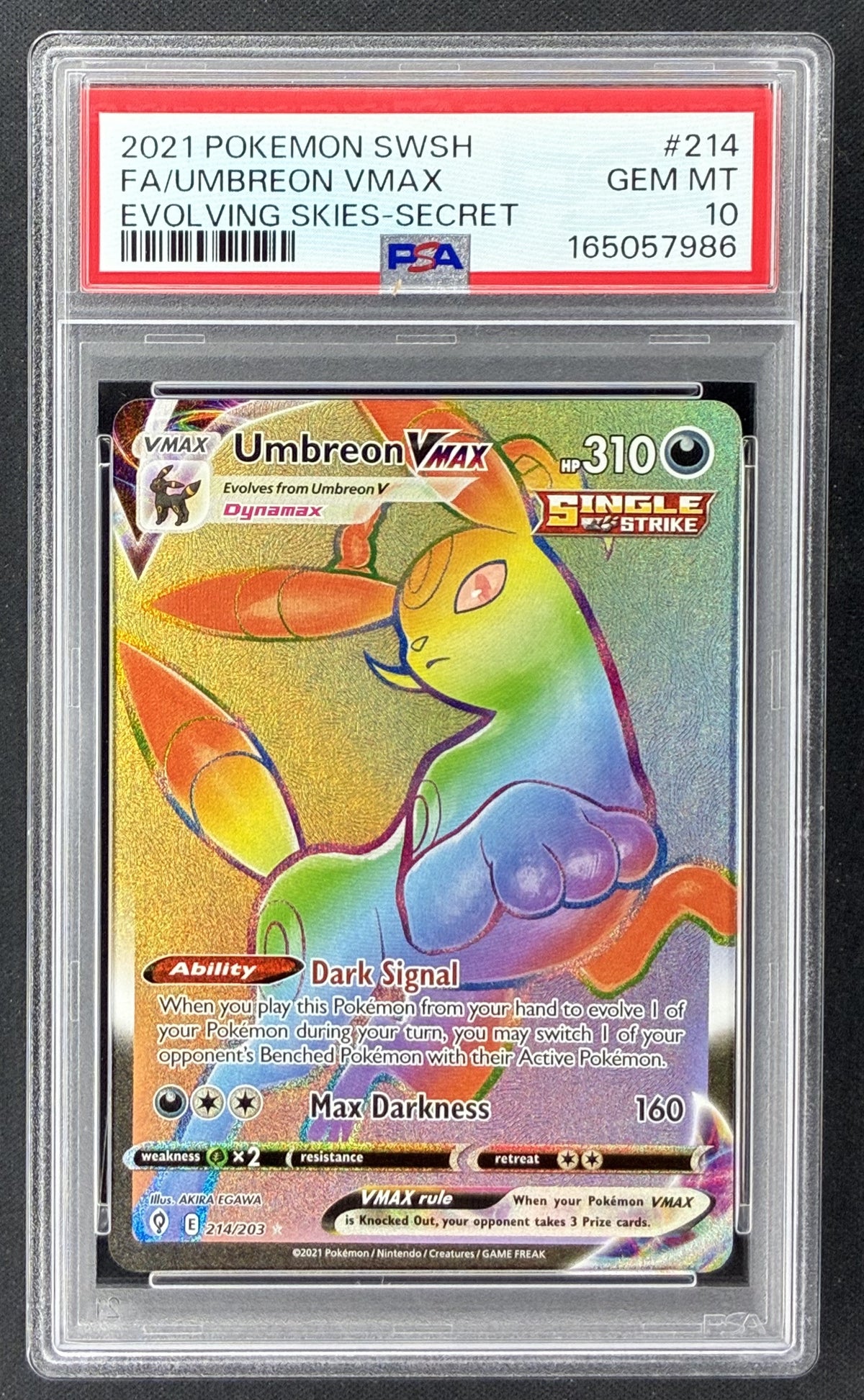2021 Pokémon Evolving Skies Umbreon VMAX 214/203 Alternate Art Moonbreon PSA 10 Gem Mint.