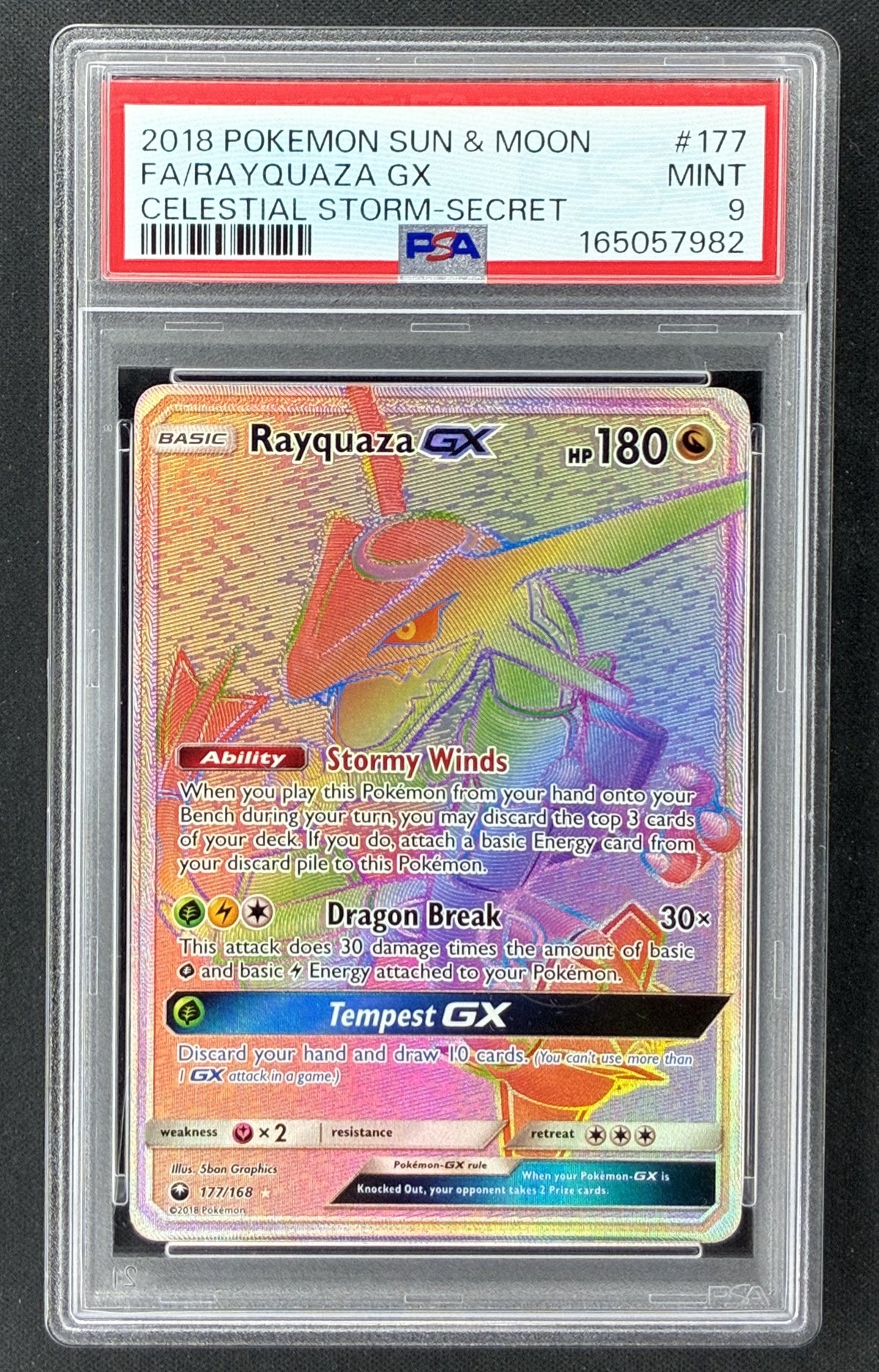 2018 Pokémon Celestial Storm Rayquaza GX 177/168 Rainbow Secret Rare PSA 9 Mint graded card.