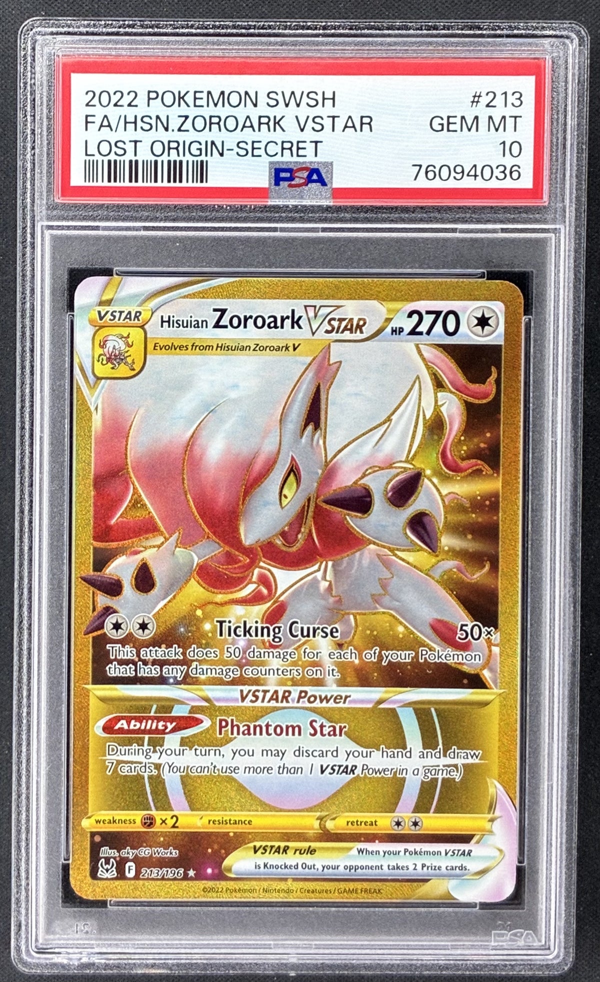 2022 Pokémon Lost Origin Hisuian Zoroark VSTAR 213/196 Rainbow Secret Rare PSA 10 Gem Mint.