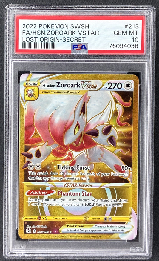 2022 Pokémon Lost Origin Hisuian Zoroark VSTAR 213/196 Rainbow Secret Rare PSA 10 Gem Mint.
