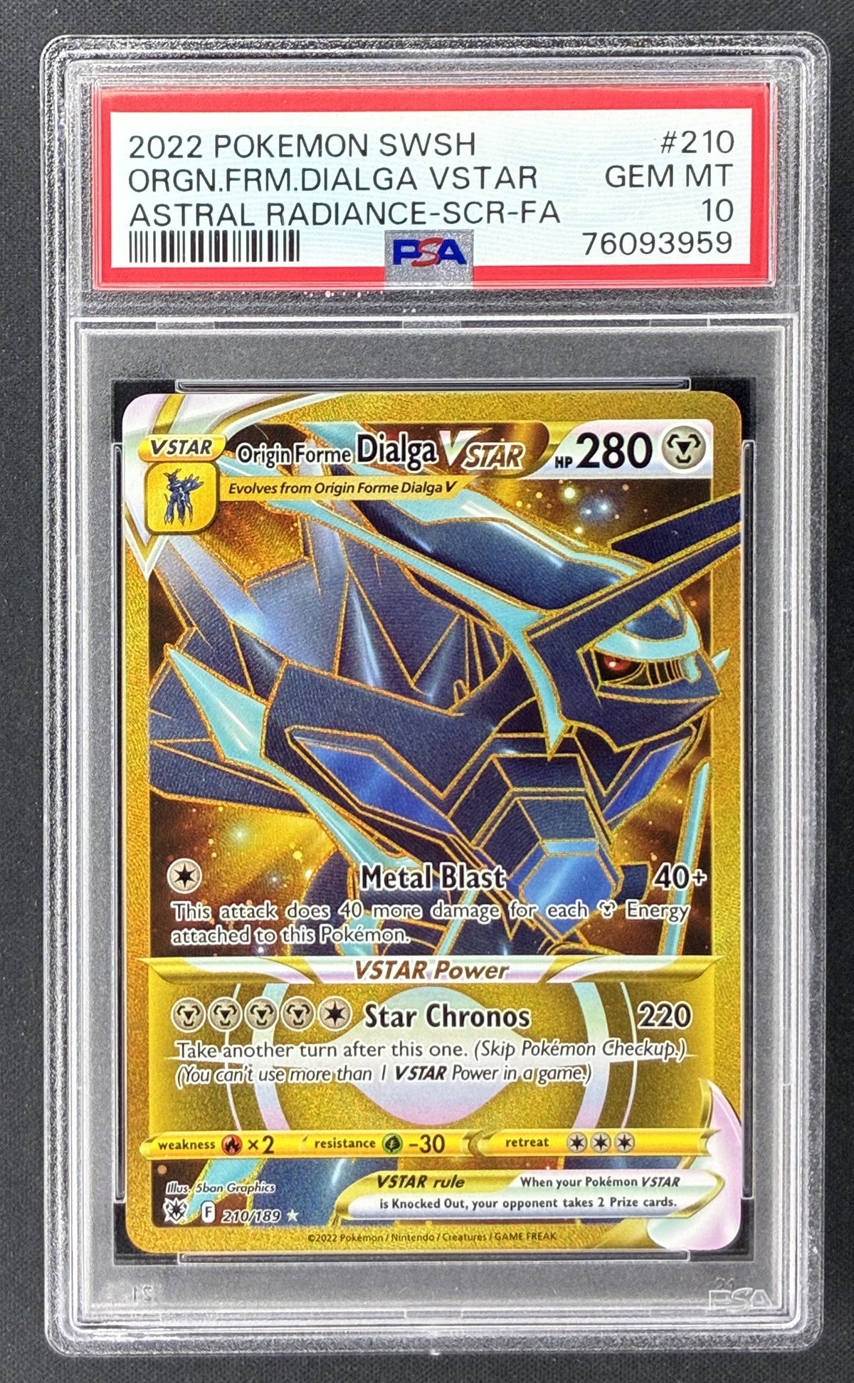 2022 Pokémon Astral Radiance Origin Forme Dialga VSTAR 210/189 Rainbow Secret Rare PSA 10 Gem Mint.
