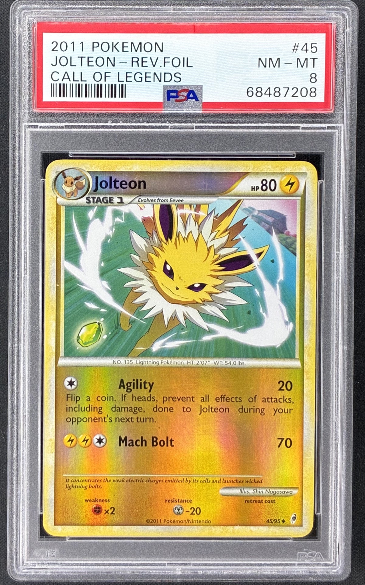 2011 Pokémon Call of Legends Jolteon 45/95 Reverse Holo PSA 8 NM-MT graded card.