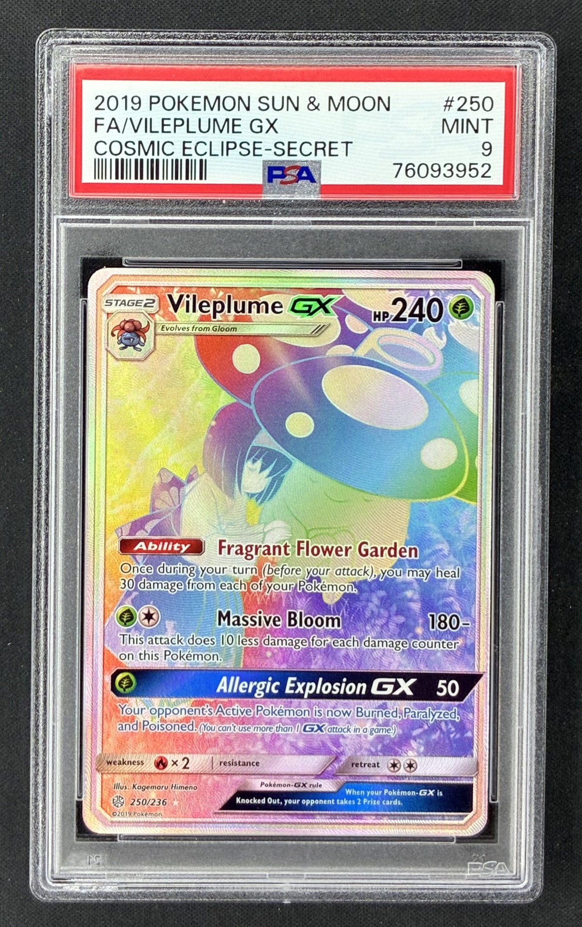 2019 Pokémon Cosmic Eclipse Vileplume GX 250/236 Secret Rare Erika PSA 9 Mint graded card.