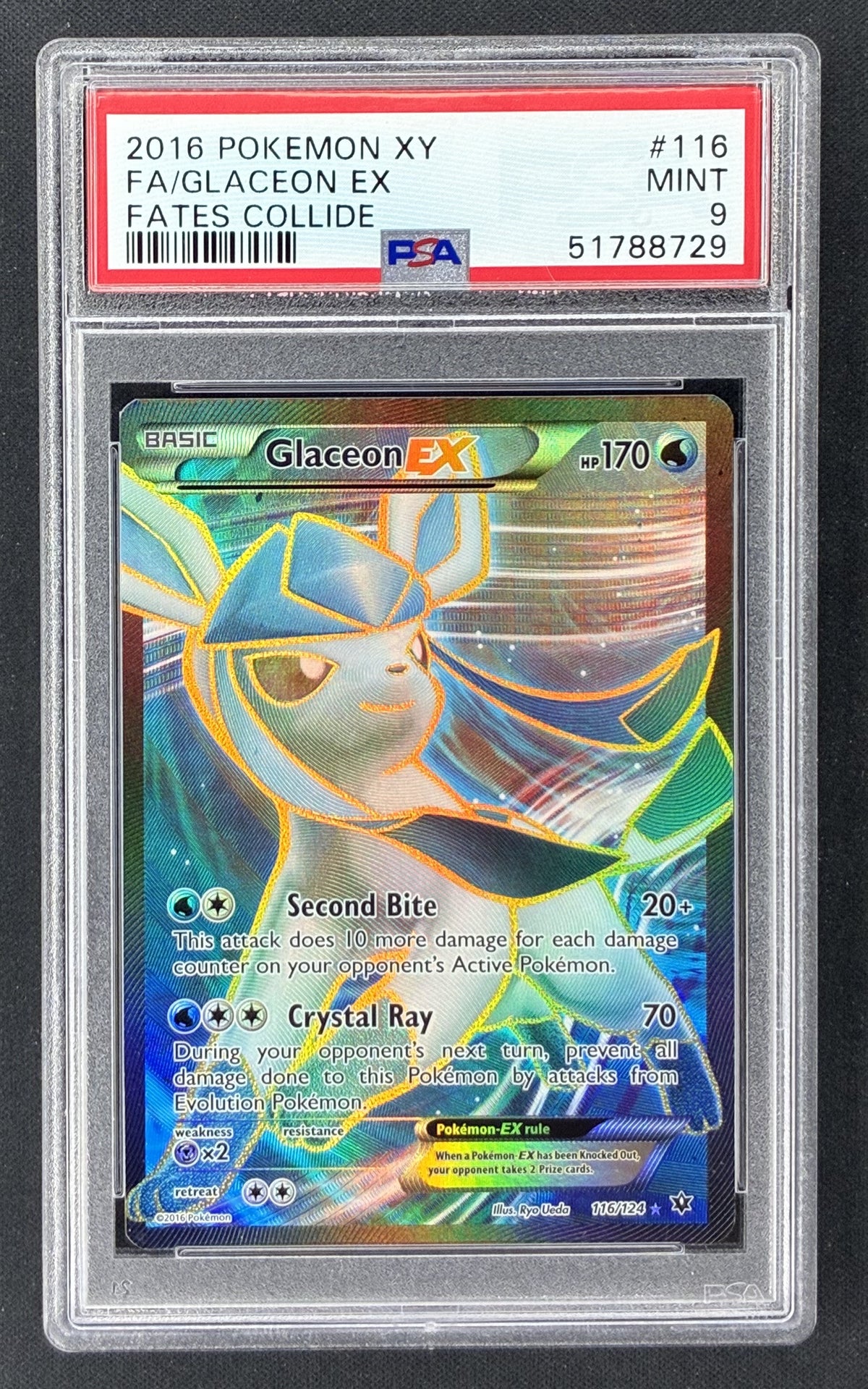 2016 Pokémon Fates Collide Glaceon EX 116/124 Full Art PSA 9 Mint graded card.