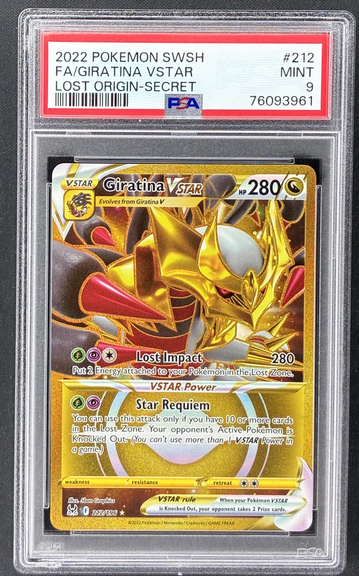 2022 Pokémon Lost Origin Giratina VSTAR 212/196 Rainbow Secret Rare PSA 9 Mint graded card.