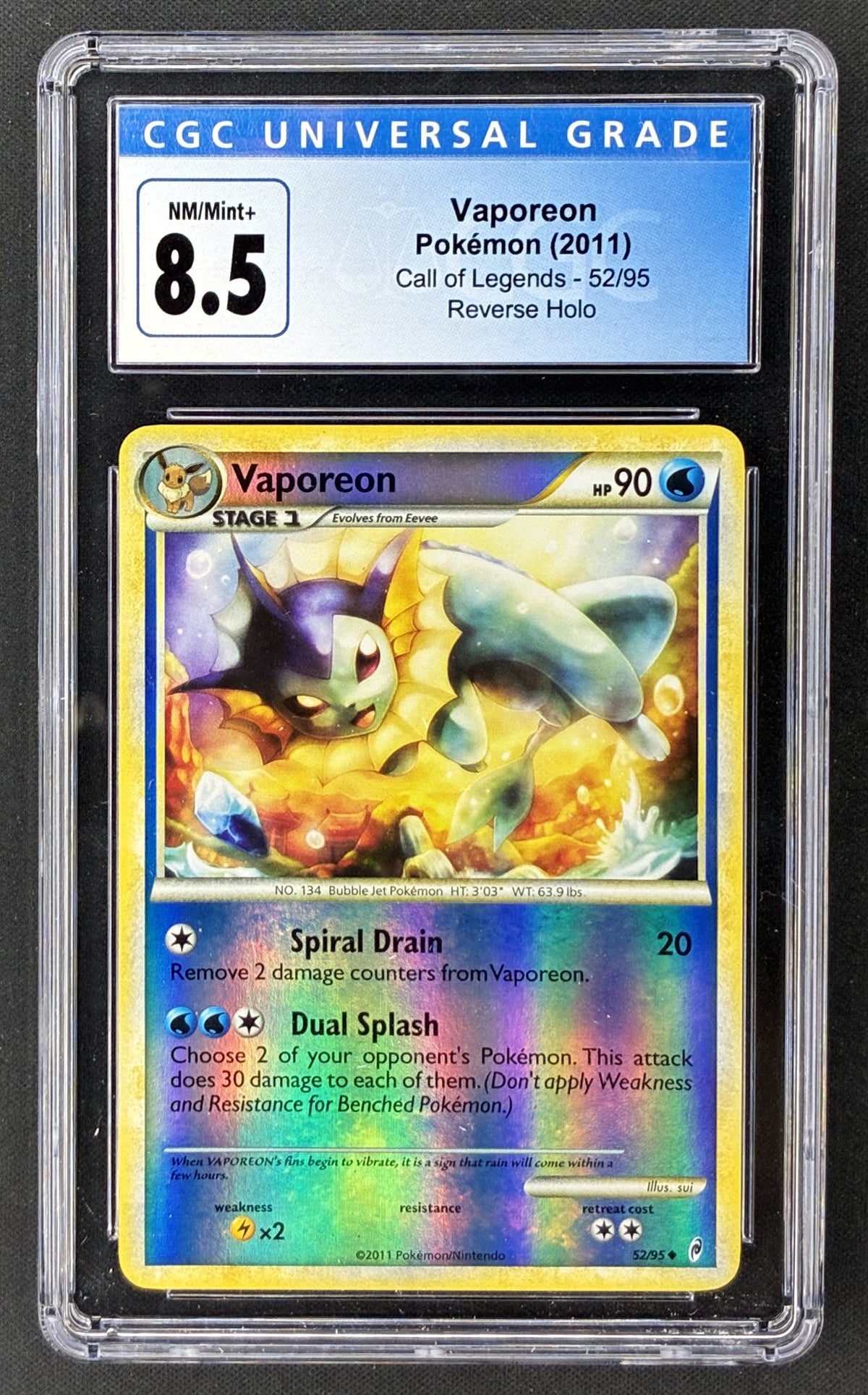 2011 Pokémon Call of Legends Vaporeon 52/95 Reverse Holo CGC 8.5 graded card.