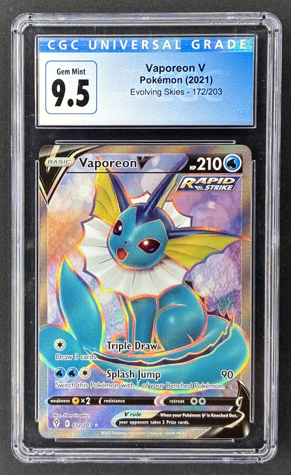 2021 Pokémon Evolving Skies Vaporeon V 172/203 Full Art CGC 9.5 Gem Mint graded card.