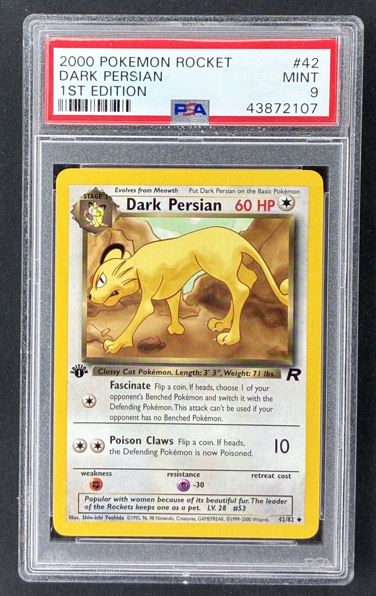 2000 Pokémon Team Rocket Dark Persian 42/82 1st Edition PSA 9 Mint graded card.
