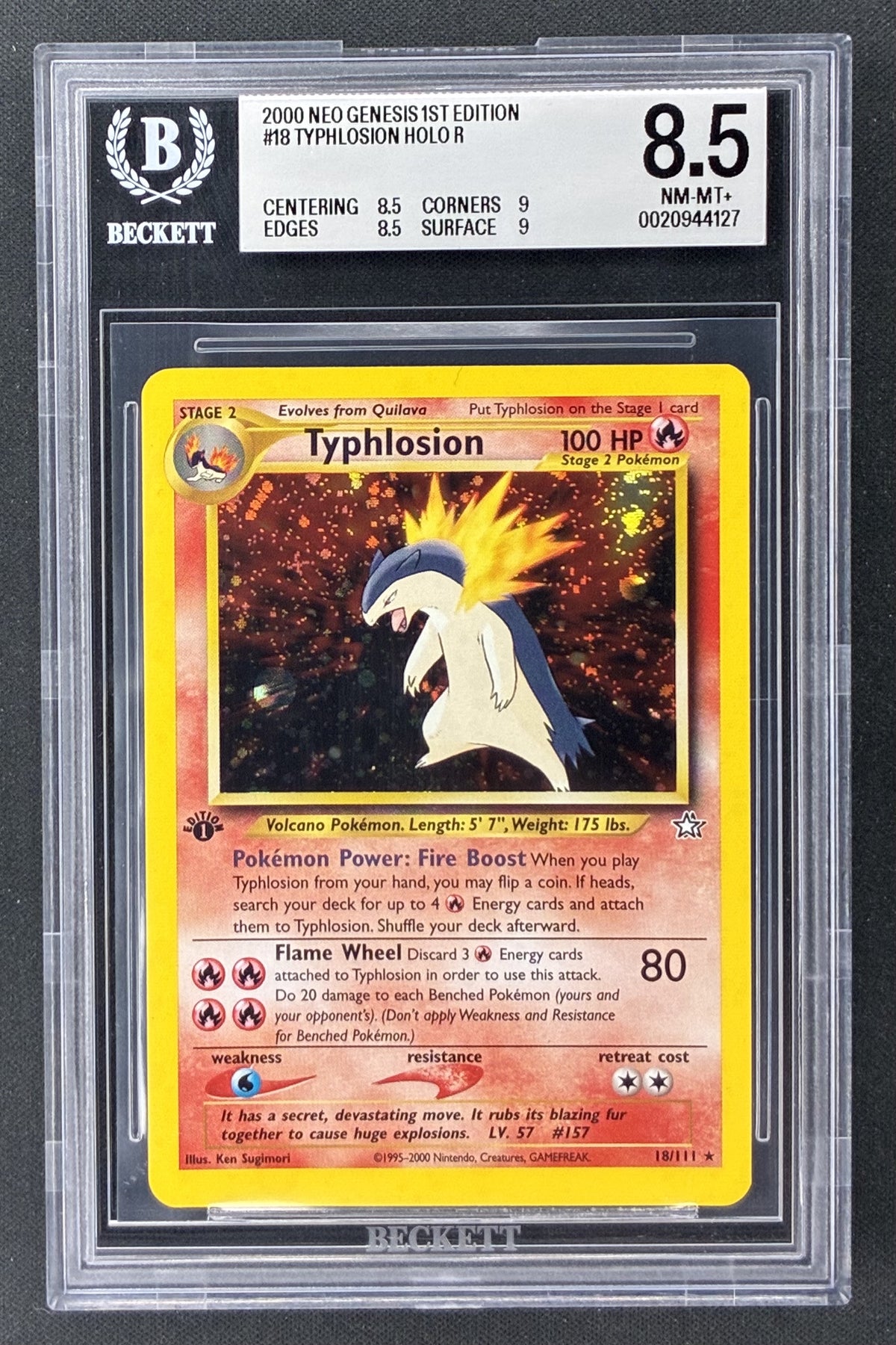 2000 Pokémon Neo Genesis Typhlosion 18/111 1st Edition Holo Rare BGS 8.5 graded card.