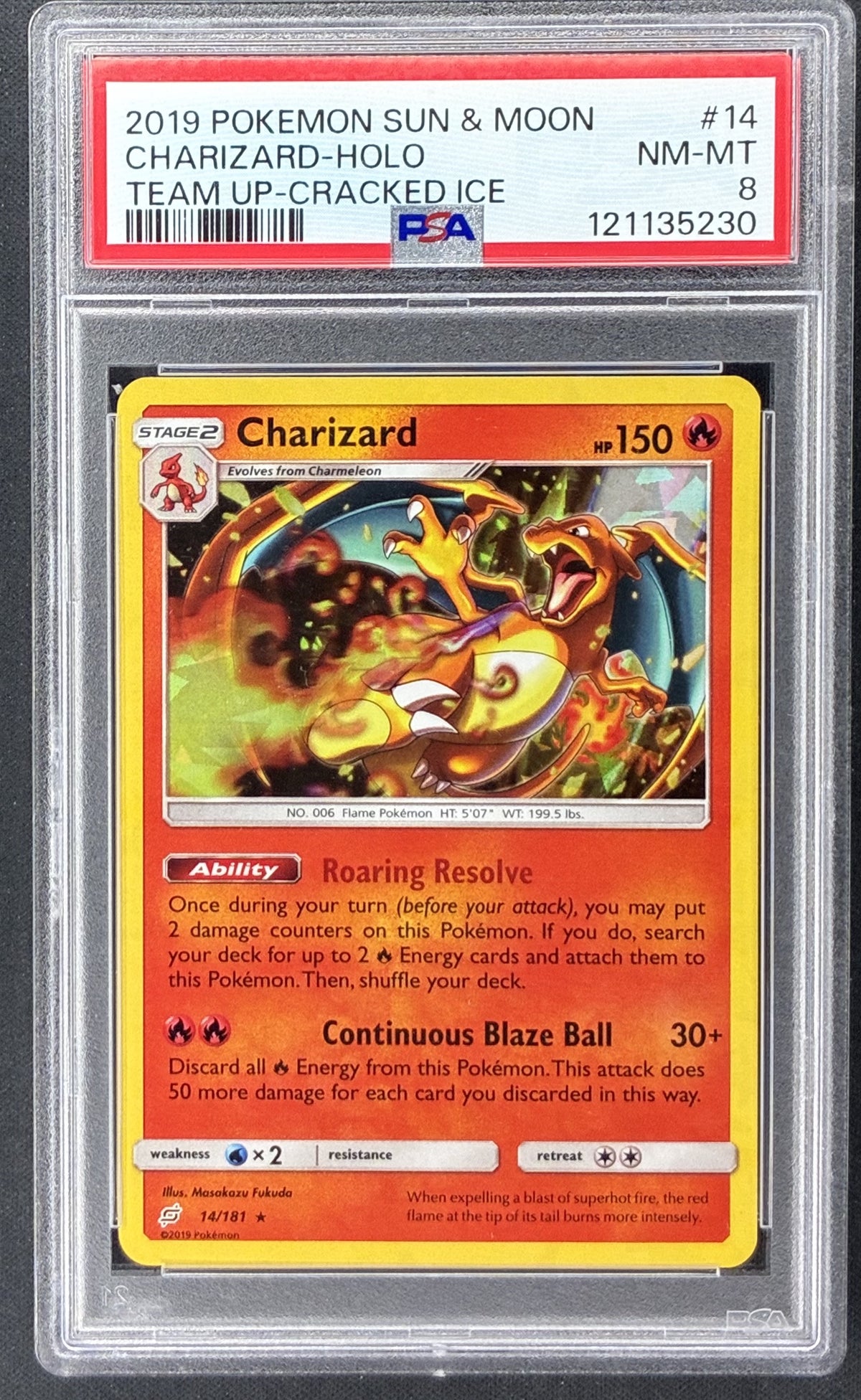 2019 Pokémon Team Up Charizard 14/181 Cracked Ice Holo PSA 8 NM-MT graded card.