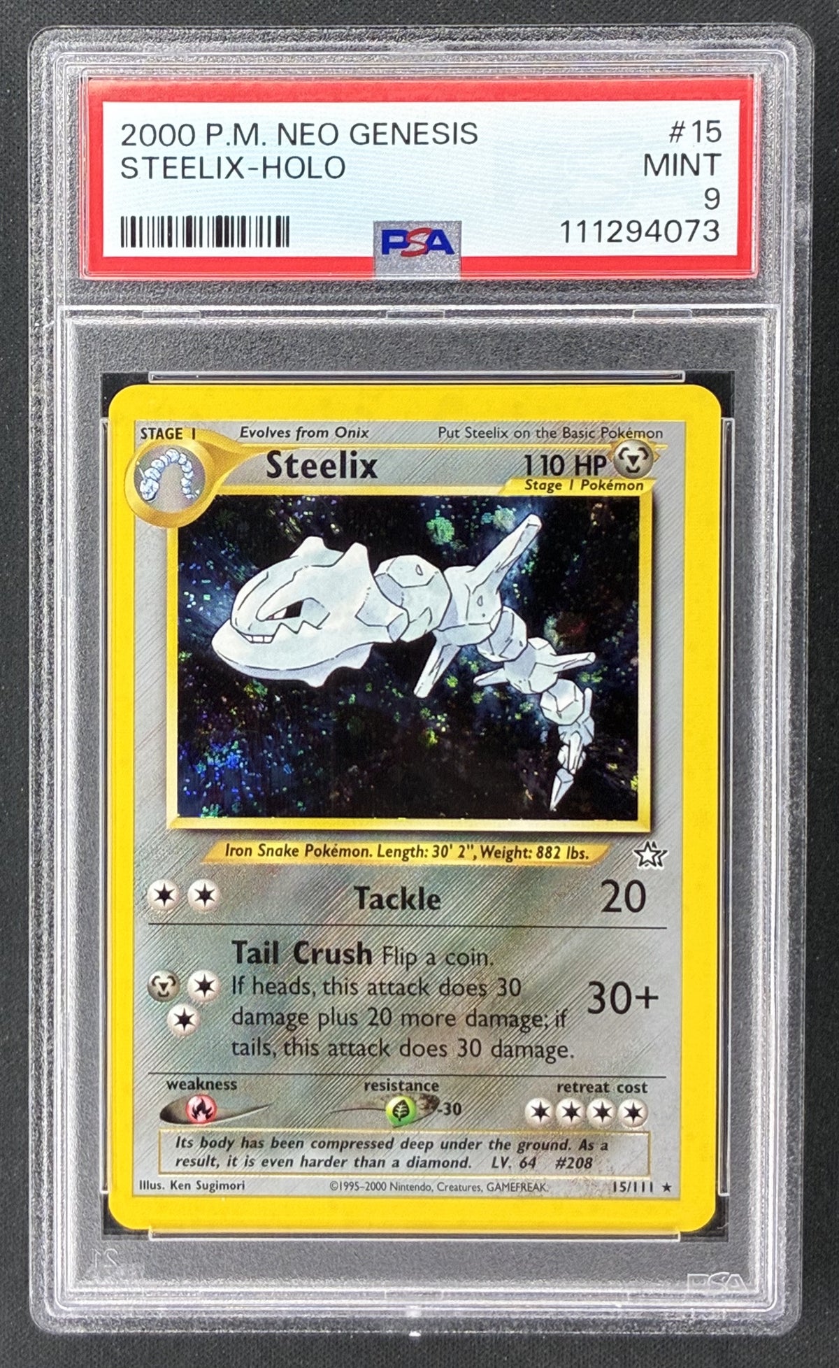 2000 Pokémon Neo Genesis Steelix 15/111 Holo Rare PSA 9 Mint graded card.