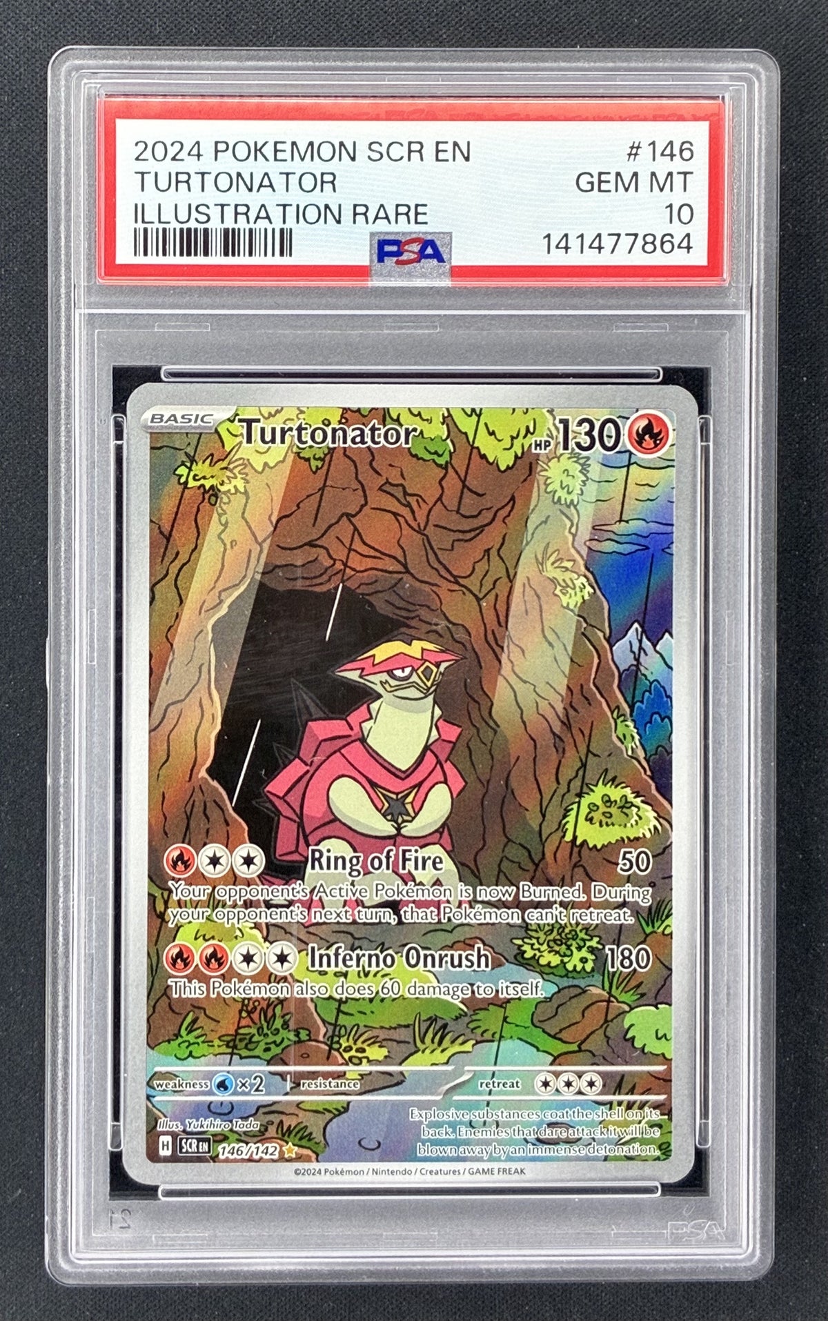 2024 Pokémon Stellar Crown Turtonator 146/142 Illustration Rare PSA 10 Gem Mint graded card.