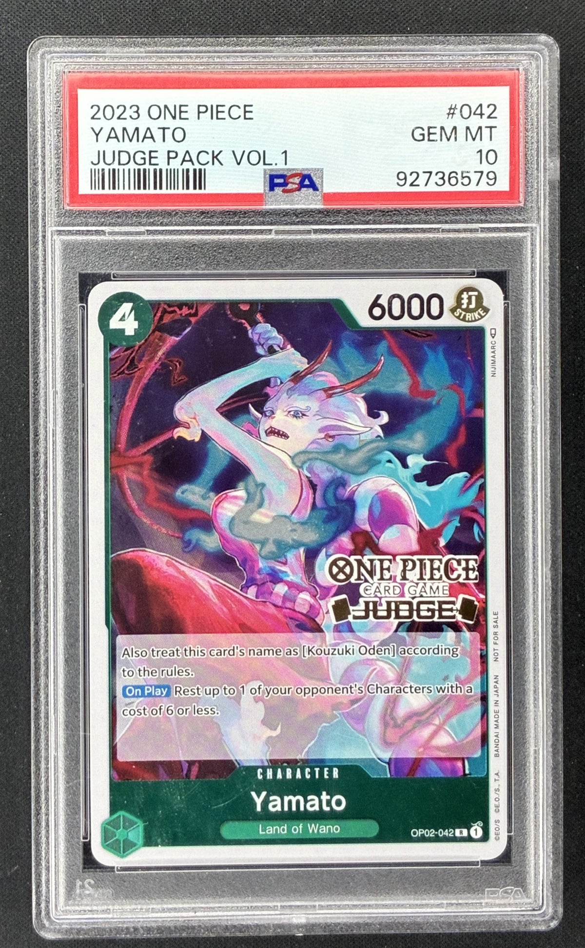 2023 One Piece Card Game Judge Pack Yamato OP02-042 Super Rare PSA 10 Gem Mint graded card.