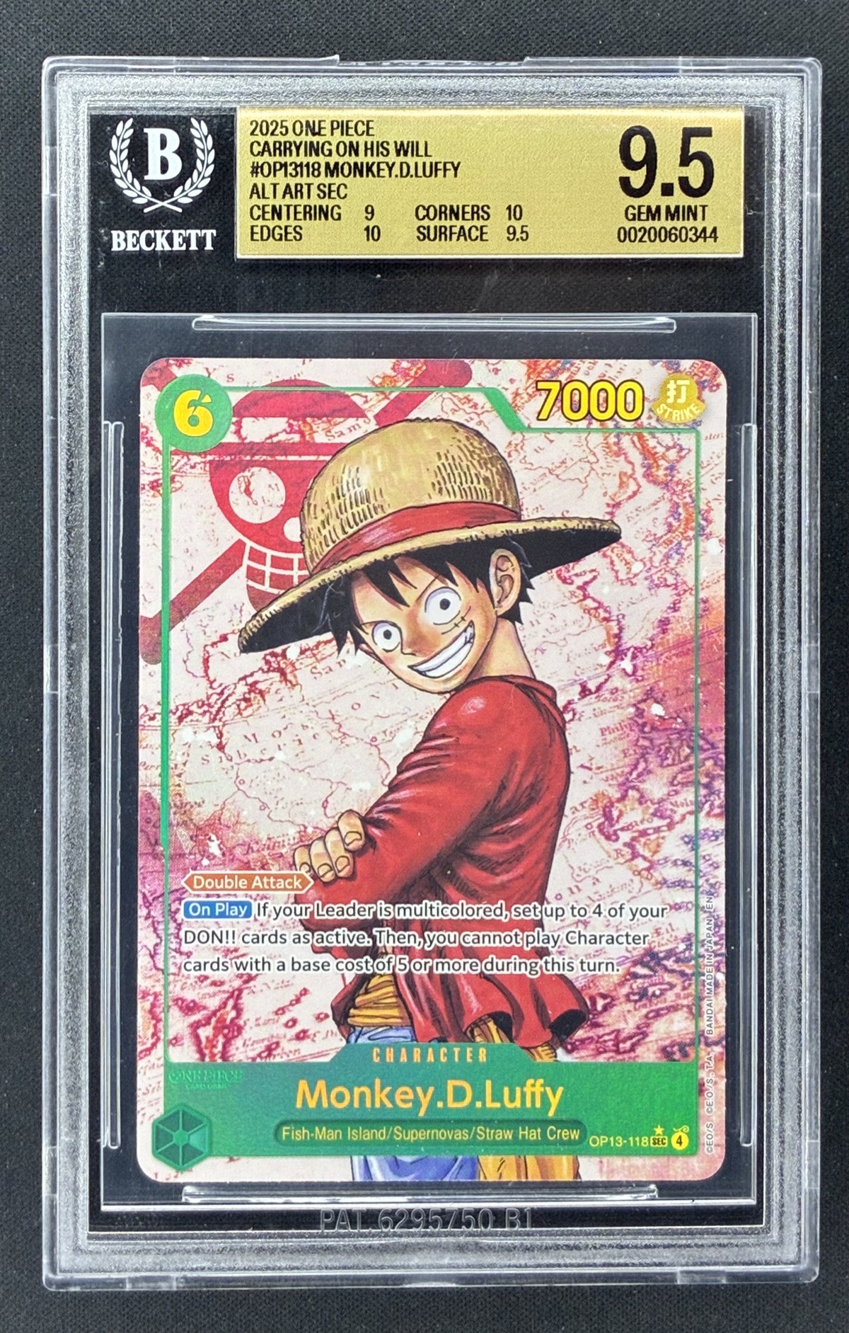 2025 One Piece OP13 Carrying On His Will Monkey D Luffy OP13-118 Alternate Art BGS 9.5 Gem Mint.