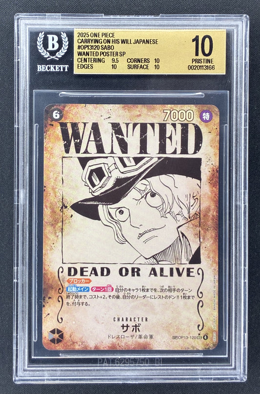 2025 One Piece Japanese Sabo OP13-120 Wanted Poster Alternate Art BGS 10 Pristine graded card.