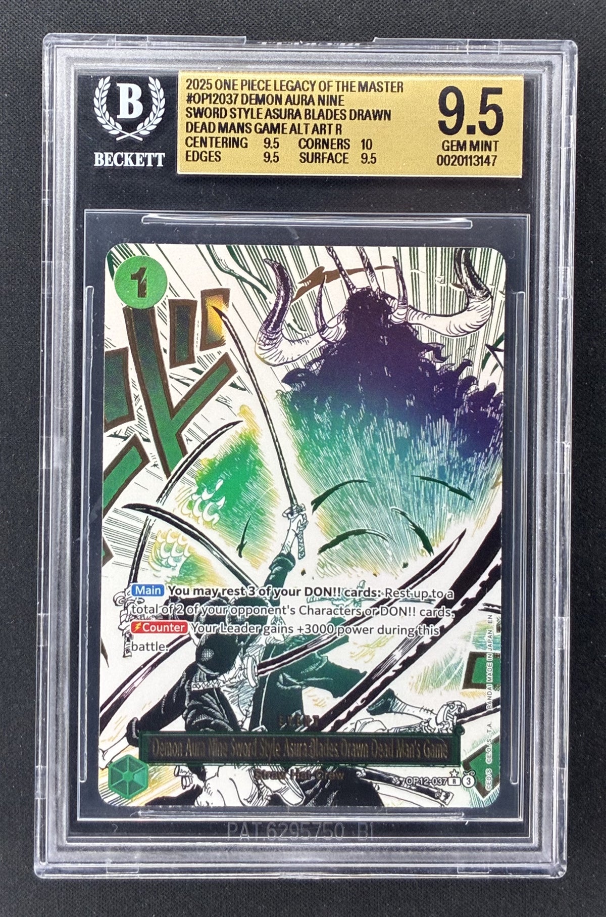2025 One Piece Japanese Asura Blades Drawn Dead Man’s Game OP12-037 Roronoa Zoro Alternate Art BGS 9.5 Gem Mint.