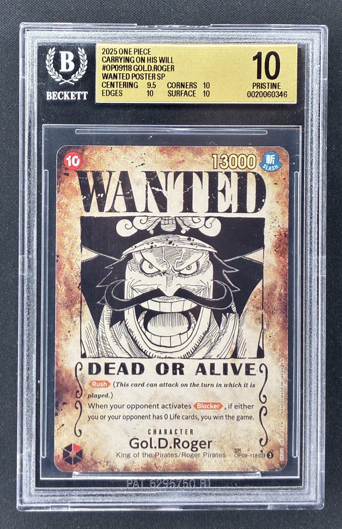 One Piece Card Game Gol D Roger OP09-118 SP Wanted Poster Foil English BGS 10 Pristine graded card.