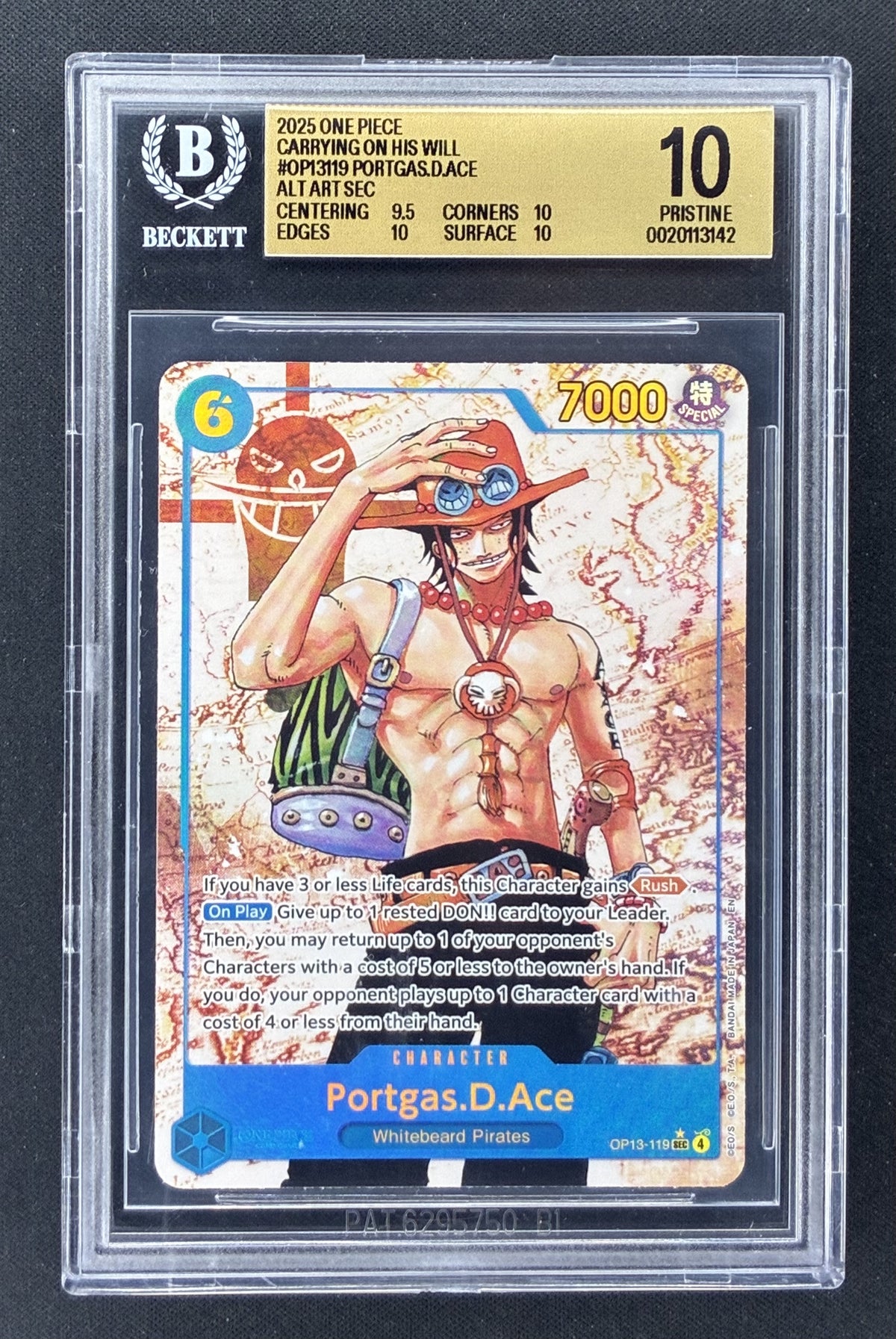 2025 One Piece OP13 Portgas D Ace OP13-119 Secret Rare Alternate Art BGS 10 Pristine graded card.