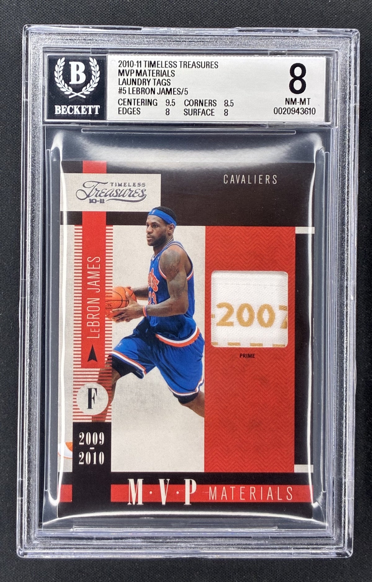 2010-11 Panini Timeless Treasures LeBron James MVP Laundry Tag 1 of 5 BGS 8 NM-MT graded basketball card.