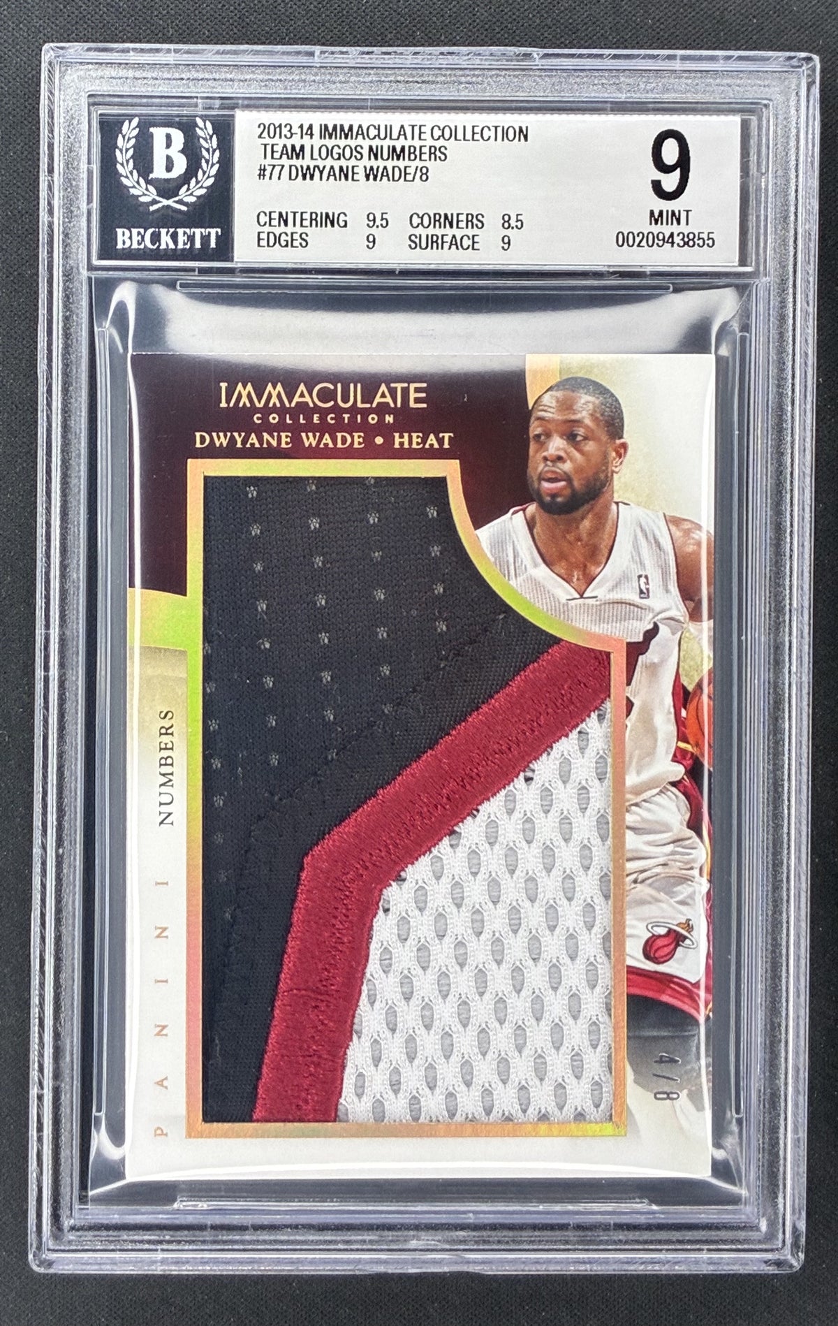 2013-14 Panini Immaculate Dwyane Wade Team Logos 77 game-used Miami Heat logo patch numbered to 8 BGS 9 Mint.